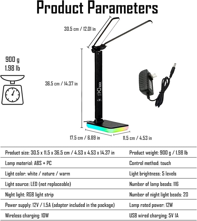 LED Desk Lamp with Wireless and Wired Charging, Foldable Table Light, 5 Brightness and 3 Lighting Modes, Time and Temperature Display, RGB Night Light, USB Powered (Double Head Black)
