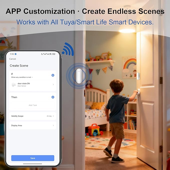 WiFi Magnetic Door Sensor Alarm with App That Alerts Your Phone, Mini Wireless Window Alarms When Opened for Home Security, No Hub Required, Smart Sliding Door Contact Sensors Chimes Safety Protection