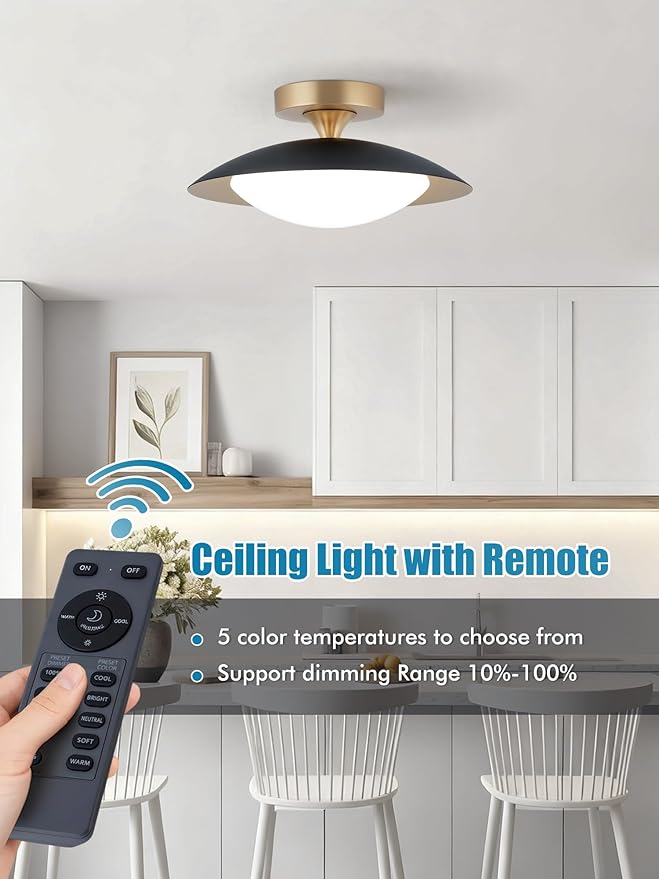 FTL Modern LED Flush Mount Ceiling Light with Remote Dimmable 5CCT 2700K-6500K Mid Century Black Semi Flush Mount Ceiling Lights 11.8in Close to Ceiling Light Fixture for Kitchen Hallway Laundry Room