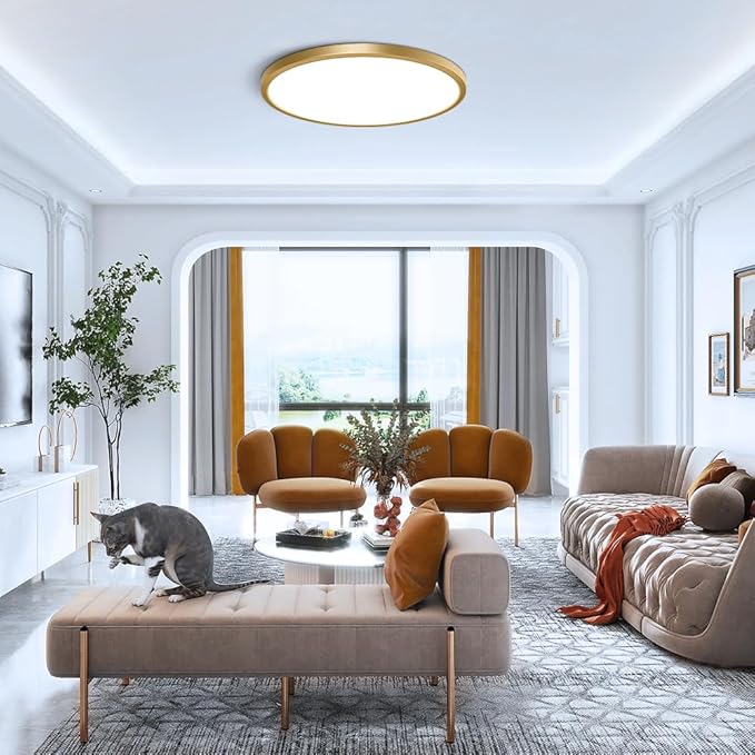 12 Inch Gold LED Ceiling Light, 6000K Cold White, 24W Gold Flush Mount Ceiling Light, 3200LM Round Flat Ceiling Lights for Bedroom, Living Room, Dining Room, Stairwells