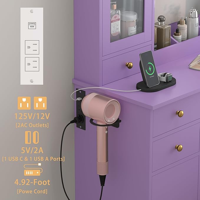 Vanity Desk with Mirror and Lights, 43" Purple Makeup Vanity Set with 5 Drawers & Glass Cabinets, Makeup Tray, Power Outlet & Adjustable LED Lights, Dressing Table for Women & Girls Bedroom