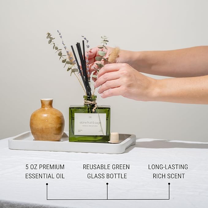 Craft & Kin Reed Diffuser with Dried Flowers | 5 oz Stone Fruit & Sage Scented Holiday Reed Diffusers for Home, Bathroom | Scent Sticks | Elegant Fragrance Home Decor for Men & Women