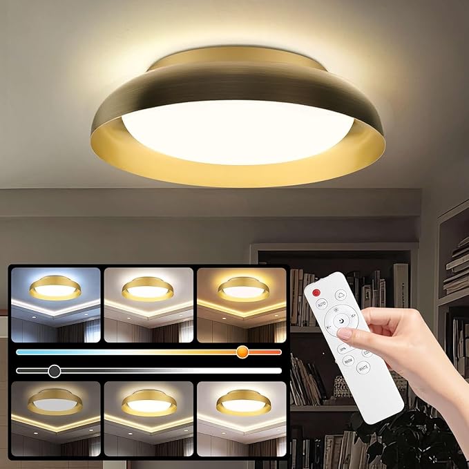 Ken & Ricky Flush Mount Ceiling Light Fixture, Led Dimmable 24w for Bedroom Kitchen Bathroom Laundry Hallway Entryway,Remote Control (Brushed Gold,12Inch,1PK)