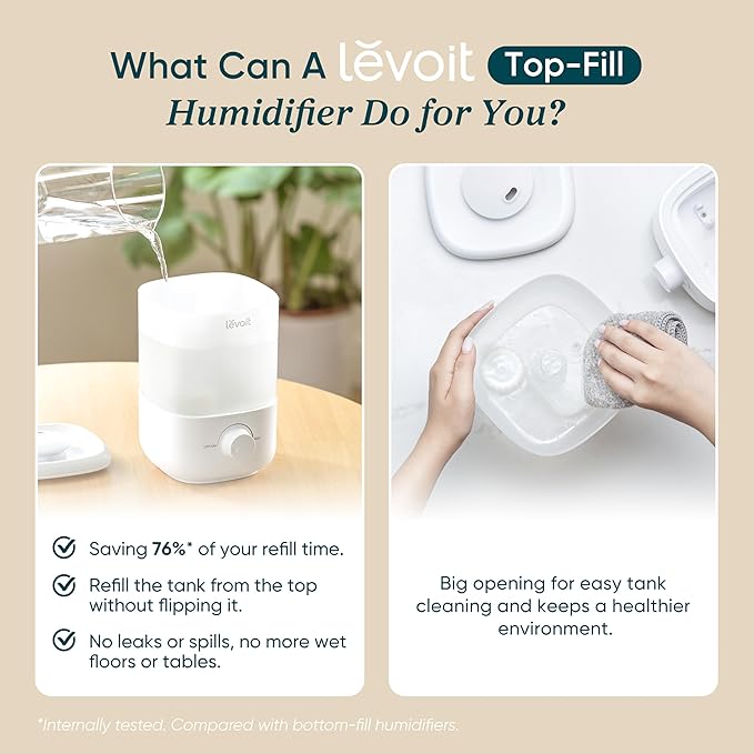 LEVOIT Top Fill Humidifiers for Bedroom, 2.5L Tank for Large Room, Easy to Fill & Clean, 28dB Quiet Cool Mist Air Humidifier for Home Baby Nursery & Plants, Auto Shut-off for Safety, 25H