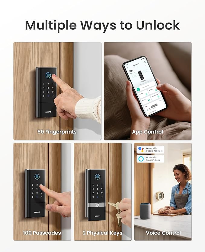 DESLOC Smart Lock K120 with GPT 3D Fingerprint, 15,000mAh Battery (Up to 13 Months), Keyless Entry Door Lock with Built-in WiFi, IP65 BHMA Grade 3 Deadbolt for Home, Rental & Airbnb, Black