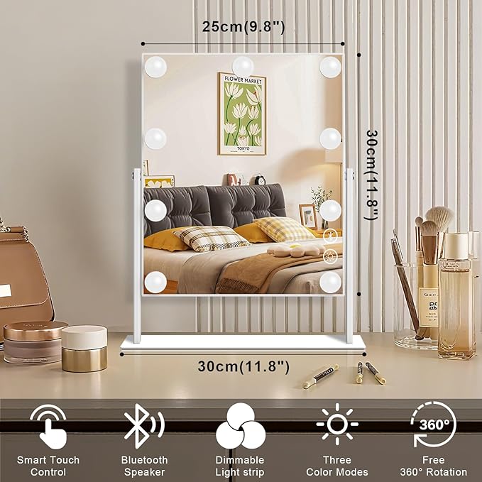 FENCHILIN White Hollywood Vanity Mirror with Lights 9 Dimmable Bulbs Makeup Mirror with Smart Touch Control for Glam Room Bedroom Detachable 10X Magnification Rotation White