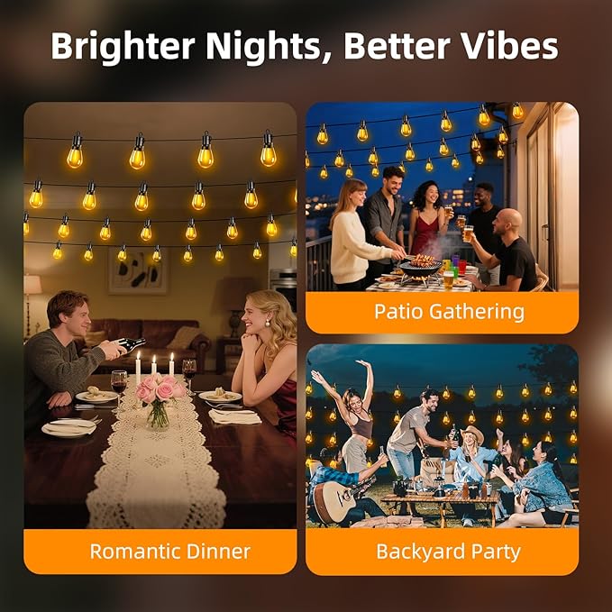 Outdoor Patio String Lights 100ft: S14 LED Shatterproof Bulbs 3 Modes Button Control - Waterproof Connectable Hanging Lights - Garden Backyard Yard Gazebo Porch Party Decorative