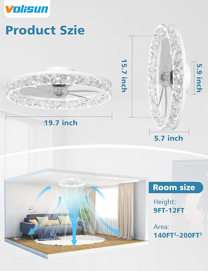 VOLISUN Low Profile Ceiling Fan with Lights and Remote, 20in Modern Ceiling Fans Flush Mount, 3000K-6500K Dimmable Bladeless LED Fan Light, White Fandelier Ceiling Fans with Lights for Bedroom