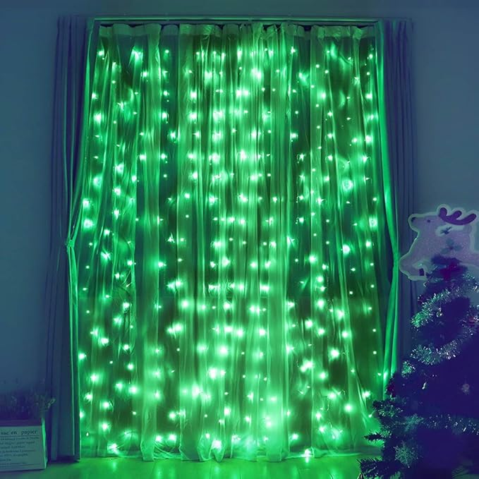 HEYFUNi 9.8 x 9.8ft Green Curtain Lights - 304 LED Hanging Fairy Lights for St. Patrick’s Day Decorations, 8 Modes Waterproof Window String Lights with Memory, Green Backdrop for Party Bedroom Wall