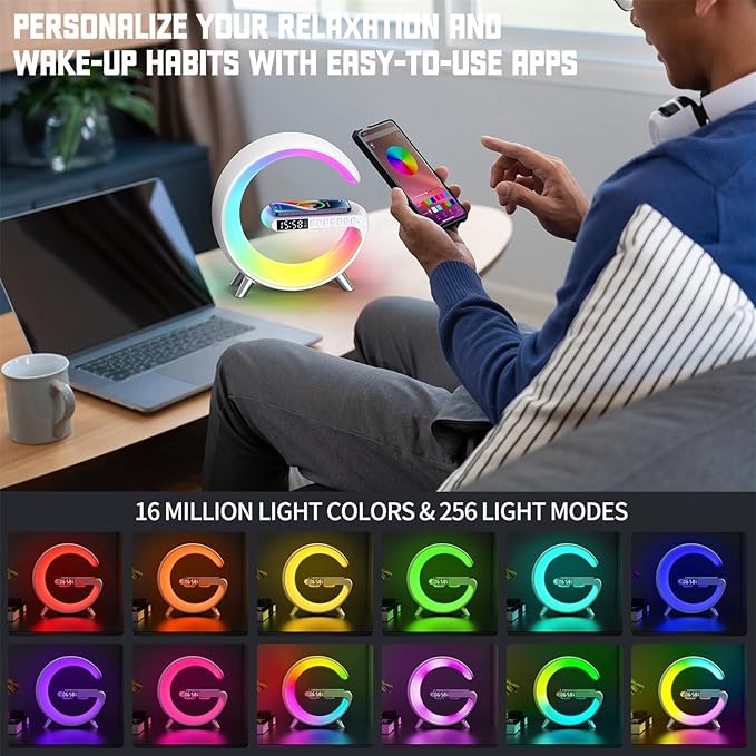 Smart LED Bedside Table Lamp with Bluetooth Speaker & App Control | 15W Wireless Charging Dock | Sunrise Alarm Clock, Night Light & Ambient Sound | Modern Bedroom Home Decor