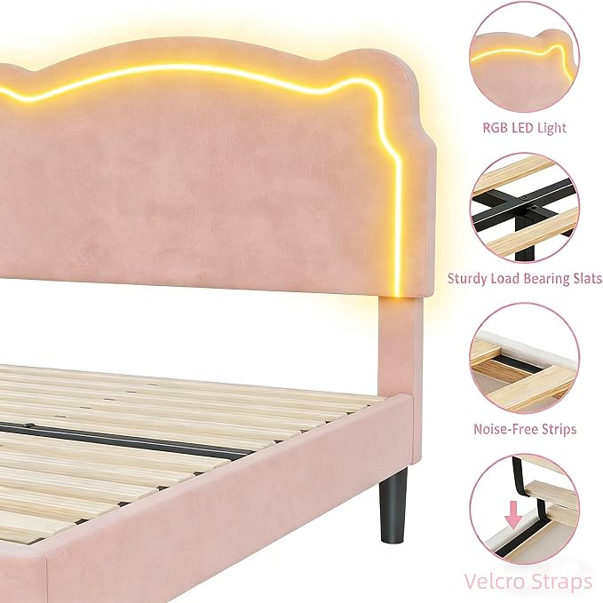 GarveeHome Twin Upholstered Smart LED Bed Frame with Headboard, Velvet Princess Platform Bed Frame for Kids, Wooden Slats Support, No Box Spring Needed (Rose)