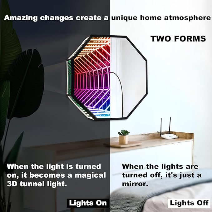 3D Infinity Mirror Light, 28" Octagon LED Tunnel Wall Light with 358 LEDs, App & Remote RGB Color Changing Mirror for Gaming Room Decor, Party, Bar, Geometric Art Deco Wall Mounted