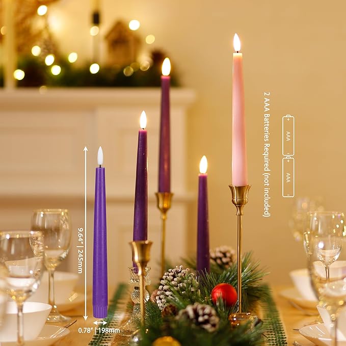 Flamelss Advent Candles, 9.6" Real Wax Flameless Taper Candles with Remote, 4 Pack Flickering LED Candle Battery Operated Candlesticks for Christmas, Catholic, Advent, Wreath, Purple and Pink