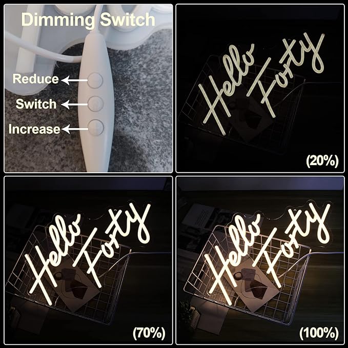 LED Neon Sign for 40th Birthday Decor, 16.5x9.4 Inch Dimmable USB Wall Art with Acrylic Backboard - Warm White Glow for Bedroom, Office, Salon (Hello Forty)