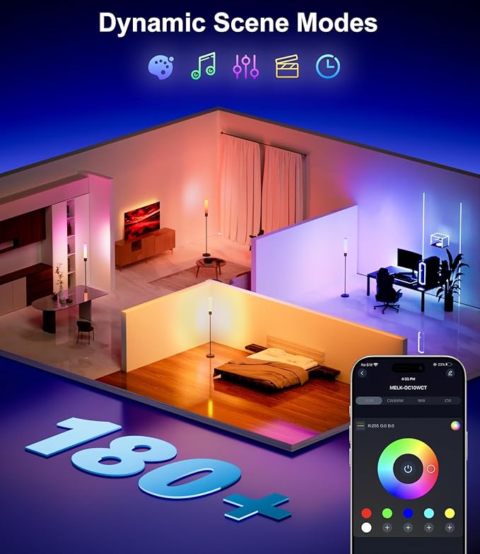 luckystyle RGBICW Floor Lamp, 1500Lumen Smart Floor Lamps with Music Sync and 16 Million DIY Colors,Dimmable Modern Floor Lamps with Remote and Bluetooth APP Control LED Lamp for Bedroom Living Room