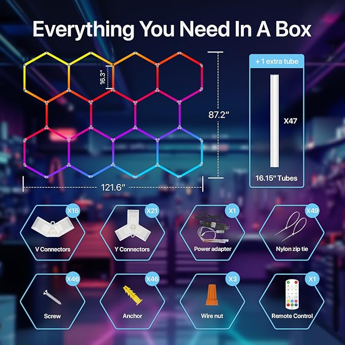 HYPERLITE Hexagon Garage Lights: 11 Grid RGB Hexagon LED Lights with Music Sync Mode, App & Remote Control, Multi-Color Honeycomb Light for Gaming Room, Gym, Garage
