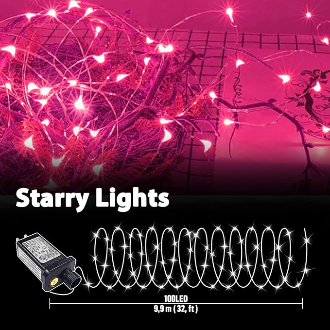 LAMPHOME Valentine's Day Pink Fairy Lights Plug in, 33Ft 100 LEDs Waterproof Twinkle Firefly Lights, Adaptor Included, Starry String Lights for Wedding Indoor Outdoor Christmas Patio Garden