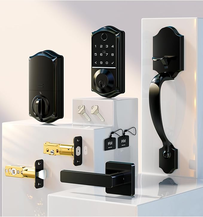 Veise VE017-H Fingerprint Smart Front Door Lock Set, App Control, 8-in-1 Keyless Entry Deadbolt with Zinc Alloy Handles, Emergency Power Port, Touchscreen Keypad, Auto Lock, Easy Install, Matte Black
