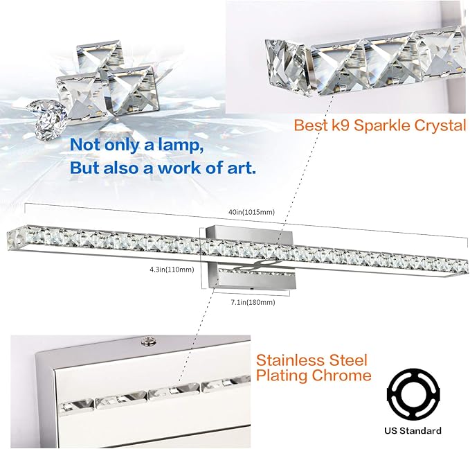 SOLFART Bathroom Vanity Lights Fixtures Over Mirror Dimmable Crystal Bathroom Light fixtures Over Mirror 40 Inches Wall Lights