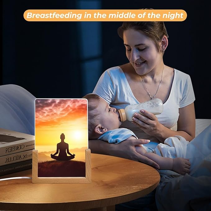 Night Light Acrylic Night Lights with USB Cables Yoga Meditation Acrylic Display Boards with Wooden Light Base Dimmable Night Lights for Home Bar Cafe Office 15.5x10.3cm