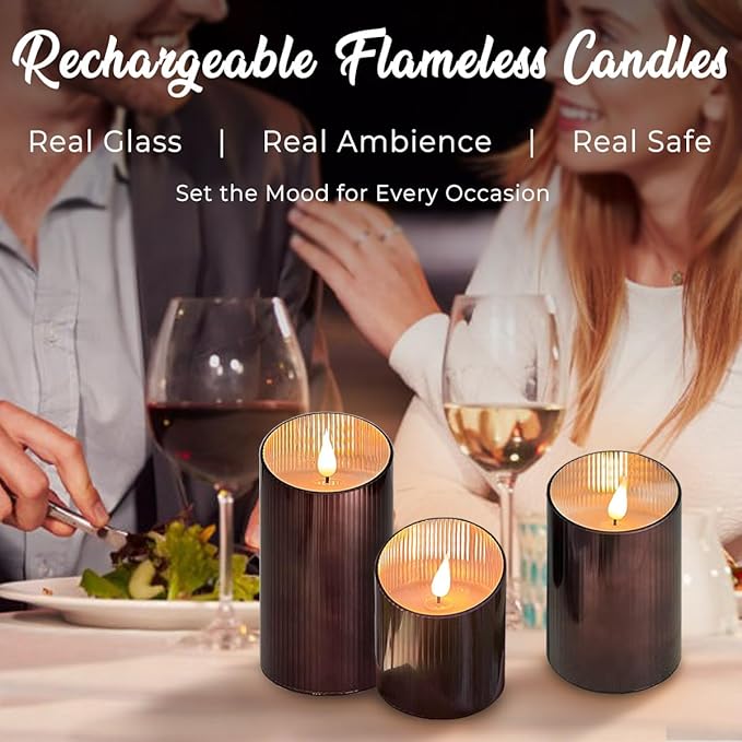 Rechargeable Flameless Candle, Flickering LED Pillar Glass Fake Candle with Remote and Timer, Built-in Battery Real Wax Electronic Candle for Room Decoration, Set of 3