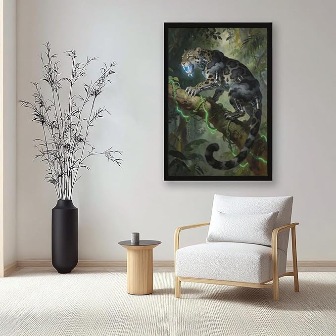 Framed Steampunk Mechanical Leopard Wall Art - Jungle Futuristic Beast Poster for Man Cave Living Room Decor 16x24in
