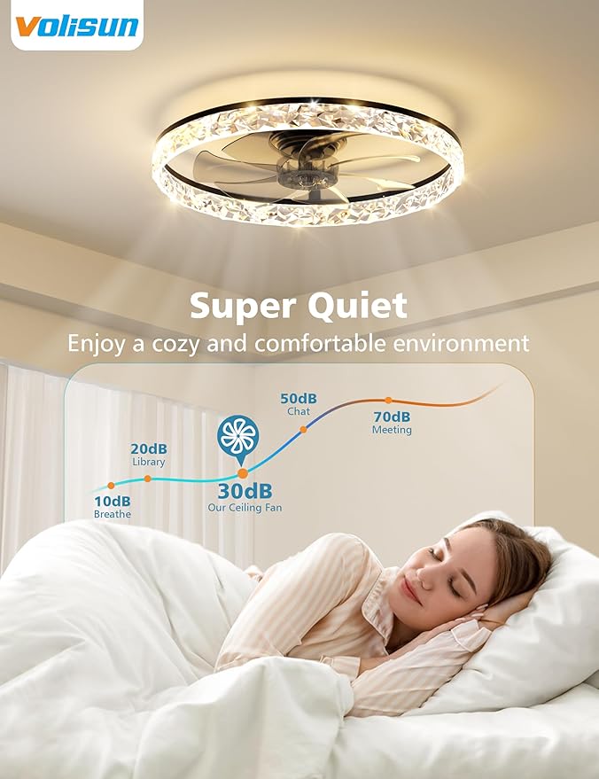 VOLISUN Low Profile Ceiling Fan with Lights and Remote, 24in Modern Ceiling Fans Flush Mount, 3000K-6500K Dimmable Bladeless LED Fan Light, Black Fandelier Ceiling Fans with Lights for Bedroom