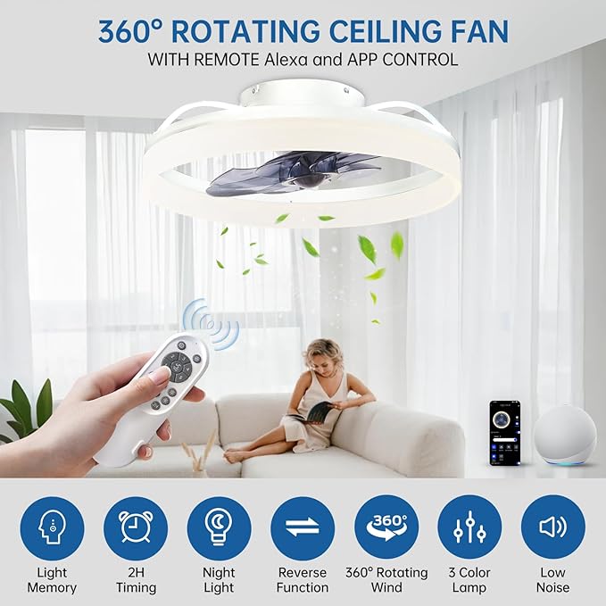 Smart Ceiling Fan with Lights and Alexa Assistant/APP/Remote Control Low Profile Fan with 6 Speeds, 15° Tilt Manal Adjustment, Stepless Color Temperature Change for Home, Office White