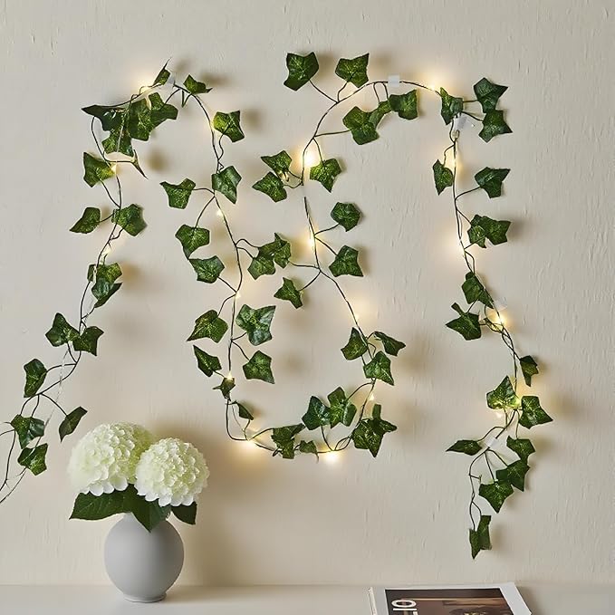 2 Pack Vines with Fairy Lights 40ft 120 LED Ivy String Lights USB Plugin & Battery Operated Leaf Lights with Timer 8 Modes Remote Decorative Light for Bedroom Wedding Party - Warm White