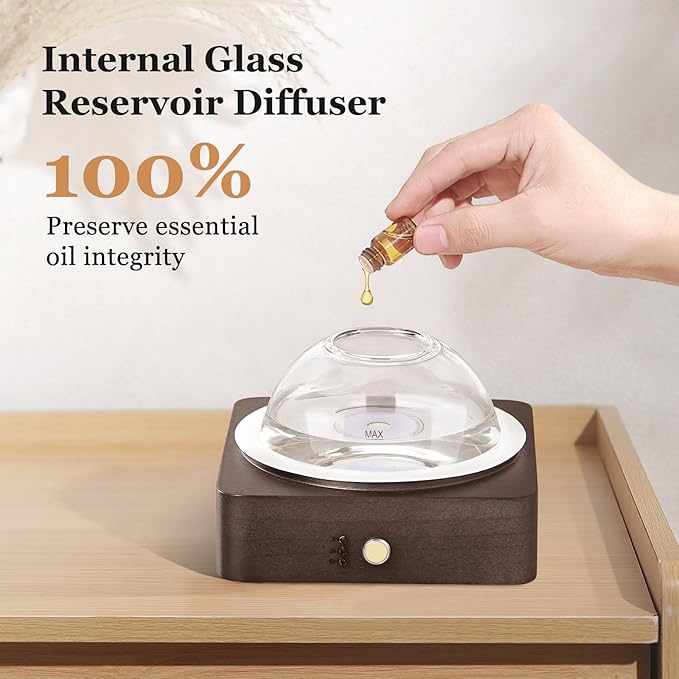 Glass Essential Oil Diffuser with Glass Reservoir & WoodBase, 200ml Ultrasonic Lock Color Timer Auto-Off 7 Color Light Aroma Glass Dome Diffuser for Home Office Bedroom Yoga - Dark Brown