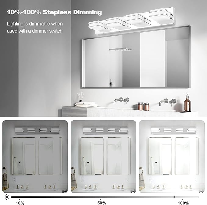 3 Color Temperature Dimmable Vanity Lights for Bathroom, LED Chrome 4 Light Vanity Light Fixtures, Acrylic Stainless Steel Square Shade Bathroom Light Fixtures Over Mirror, ETL Certificated