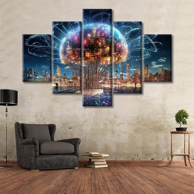 5 Piece City Smart Brain Wall Pictures for Living Room Human Brain Energy Painting Wall Decor Art Artificial Intelligence Concept Bedroom Wall Art Framed Ready to Hang, (60"Wx40"H)