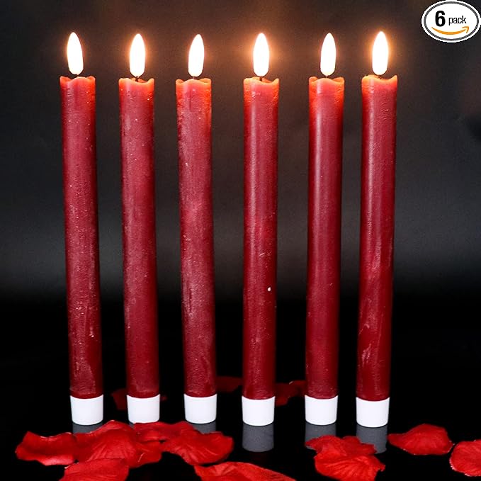 Wondise Flameless Taper Candles with Timer, 6 Pack Battery Operated LED Flickering Real Wax Red Candle for Christmas Wedding Dinner Decorations