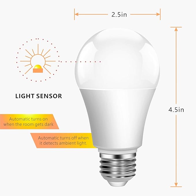 Torkase 13W Dusk to Dawn Light Bulbs- No Timer Required, 1100lm(100W Equivalent), 6000K Daylight, E26 A19 Automatic Sensor LED Bulbs, Built-in Photocell Detector for Boundary,Garage,Patio, 2-Pack