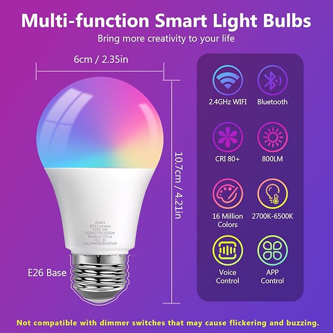 DAYBETTER Smart Light Bulbs, Smart Bulb Compatible with Alexa & Google Home, A19 E26 2.4G WiFi Bluetooth Alexa Light Bulbs, RGBCW Color Changing LED Light Bulb, 60W Equivalent, 800LM, 10Pack