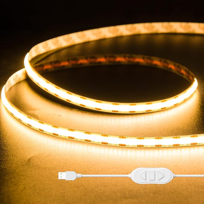 USB 5V COB LED Strip Lights 3.28ft/1M, Warm White 2700K Dimmable USB Powered Density COB Tape Flexible Cuttable LED Strip for TV Backlight, 3D Printer, RV, Sewing Machine, Bedroom, Mirror