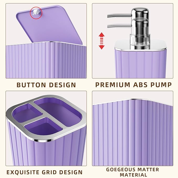 XLHOMO Bathroom Accessories Set - 25PC Bathroom Sets with Shower Curtain and Rugs, Purple Bathroom Accessories with Trash Can, Soap Dispenser, Soap Dish & Toilet Brush