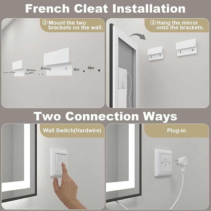 OKPAL 72x36 LED Bathroom Mirror, Lighted Bathroom Mirrors with Black Frame, Large Lighted Vanity Mirror, Dimmable, Anti-Fog, Memory, Shatterproof, Front and Backlit