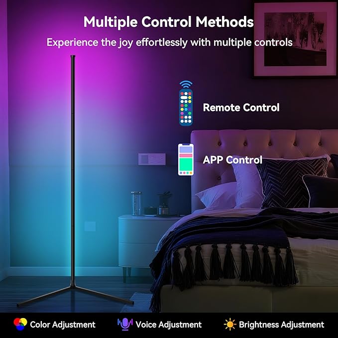 RGB LED Corner Floor Lamp - Smart App & Remote Control, Music Sync Color Changing Ambience Light with 16 Million Hues, Perfect for Bedroom, Living Room & Gaming Room