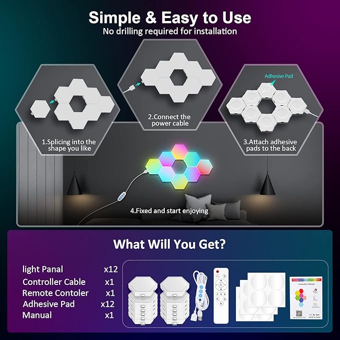 OJQ 12 Pack Hexagon Lights Wall RGB Panel - Led Lights Gifts for Men Birthday Room Decor Lamp for Bedroom Gaming Equipment Gamer Supps Honeycomb Shape Panels Hexagon Gaming Lights
