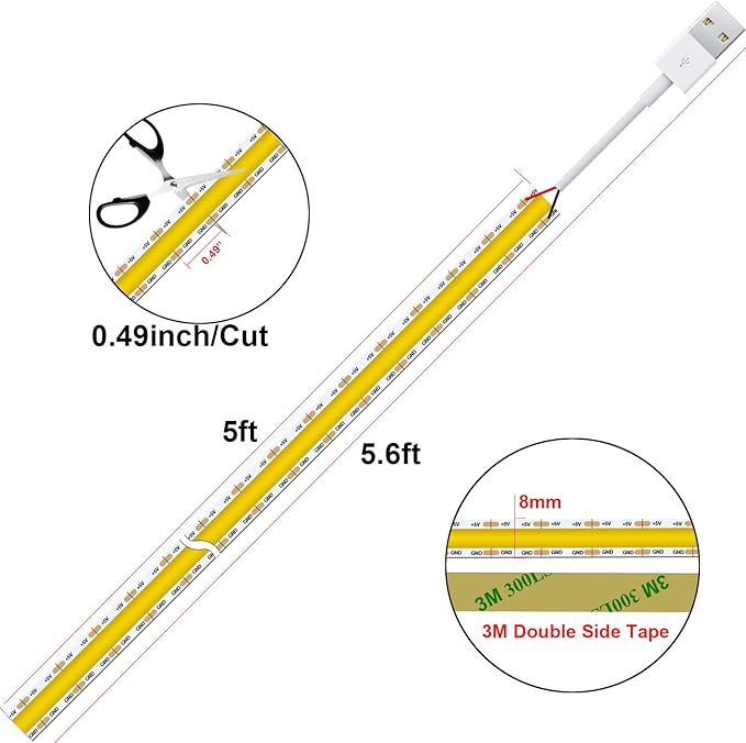 dephen 5V USB LED Light Strip 4.9ft, 480LEDs Daylight Dotless COB String, Flexible and Cuttable Rope Lighting, CRI 90, Self Adhesive Tape for TV Backlight, Bedroom, Cabinet, Mirror, DIY