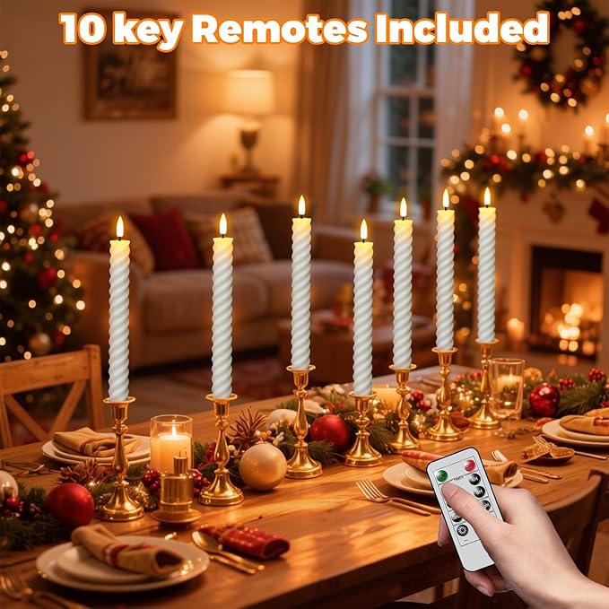 Wondise Flameless Taper Candles with Remote Timer, Real Waxy Battery Operated Flickering Spiral Candlesticks, 3D Wick LED Candles 9.6inch for Halloween Christmas Holiday Wedding Decoration (White