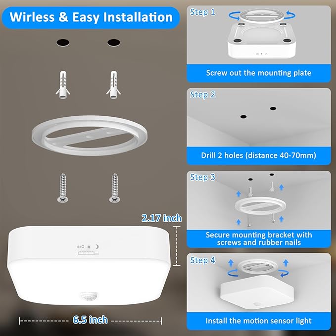 TOOWELL Waterproof Rechargeable Shower Light Indoor - 10000mAh Motion Sensor Closet Lights, Battery Operated Ceiling Light for Shower Closet Patio Pantry Hallway Porch Stair