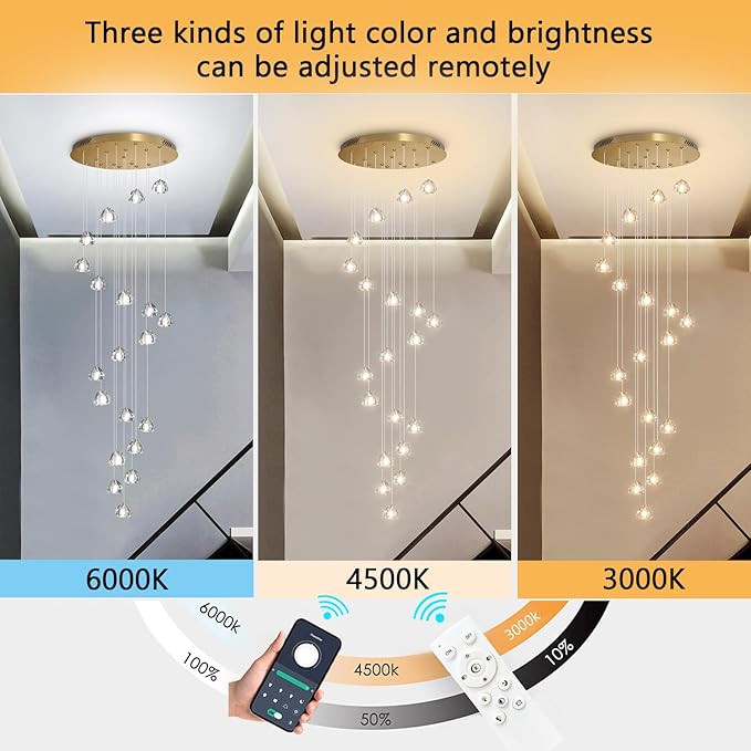 LED Glam Chandelier 138 inches Long Light Luxury Crystal Ceiling Chandeliers Remote Dimmable High Ceiling Pendants Lighting Fixtures Gold 20 Lights
