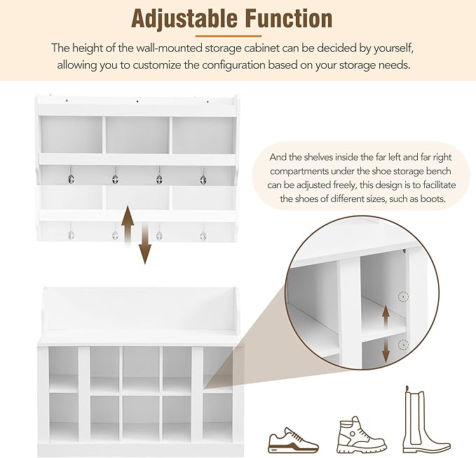 Hall Tree Entryway Coat Rack Shoe Storage Bench with Shelves and 4 Hooks, Modern Elegant Hall Tree with Wall Mounted Coat Rack, Entryway Organizer for Entryways, Mudroom (White)
