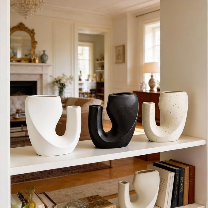 Nordic Style Ceramic Vase Set, Luxury Artistic Flower Arrangement for TV Cabinet and Entryway, Modern Minimalist Home Decor Accents(Type B Black)