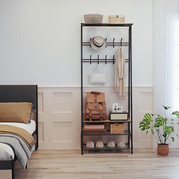 Entryway Hall Tree with Shoe Rack, Hall Tree Coat Rack with Hooks, 25” Freestanding Metal Coat Rack with Shoe Storage, Compact Entryway Organizer for Hallway and Bathroom