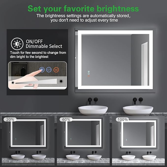 40”x 32” Bathroom Led Vanity Mirror with 3 Colors Light, Dimmable Touch Switch Control, Anti-Fog Wall Mounted Makeup Mirror for Wall (Horizontal