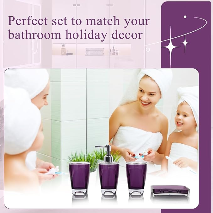 4-Piece Classic Purple Acrylic Bathroom Accessories Set — Soap Dispenser, Toothbrush Holder, Soap Dish & Mouthwash Cup, Vanity Countertop Organizer for Purple Boho Bathroom Decor