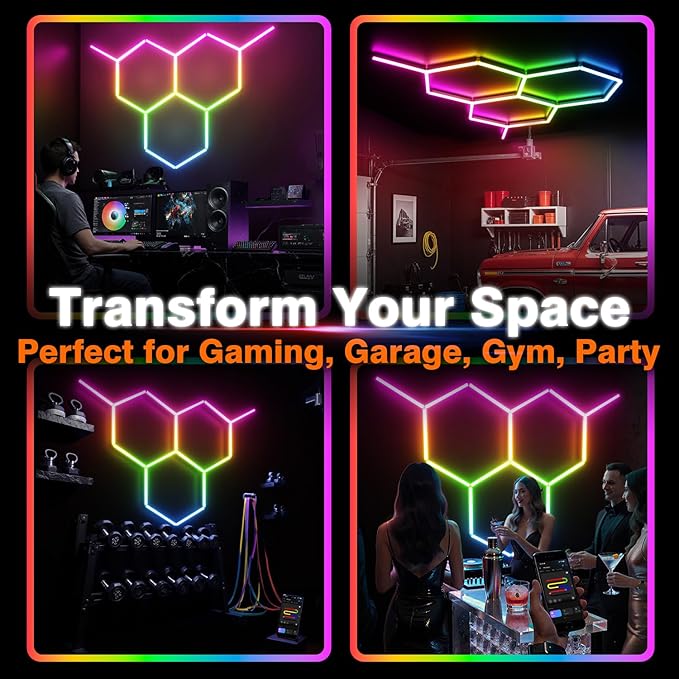 RGB Hexagon Lights 3 Grids, Hexagon Garage Lights with Music Sync Mode, App & Remote Control Honeycomb Lights for Gym Studio Basement Shop Exhibition